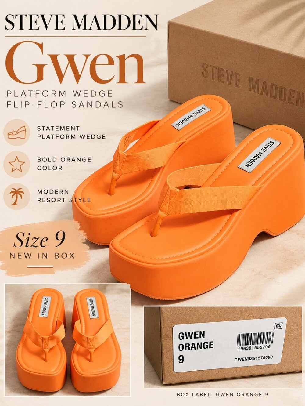 Steve Madden Gwen Orange Platform Wedge Flip Flop Sandals Size 9 NIB